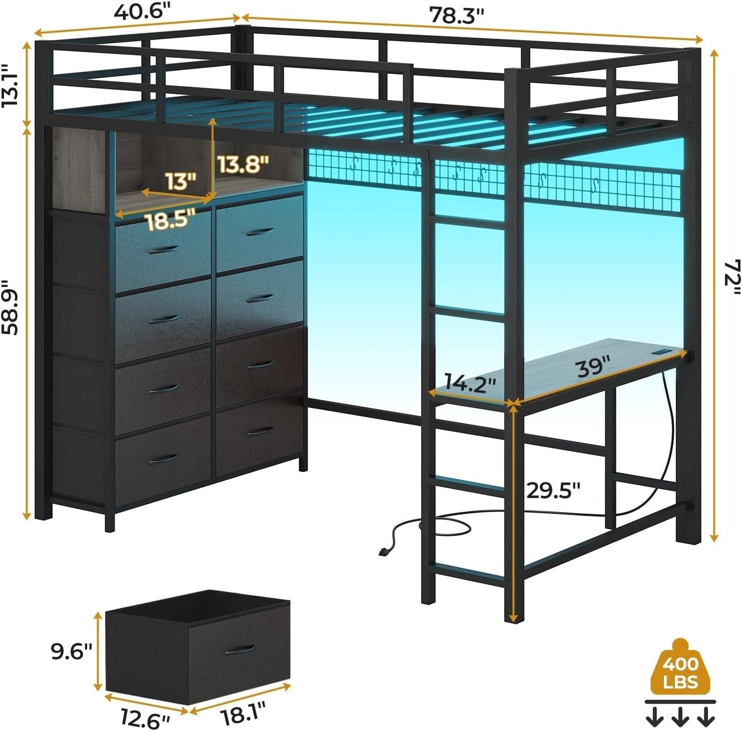 Twin Size LED Loft Bed Frame with Desk and 8 Drawers Grey