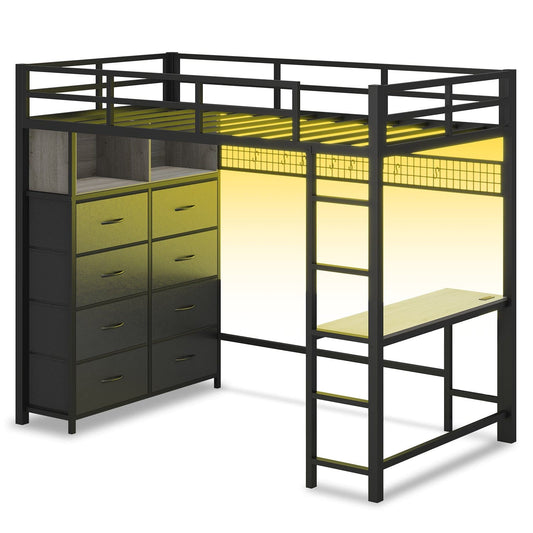 Twin Size LED Loft Bed Frame with Desk and 8 Drawers Grey