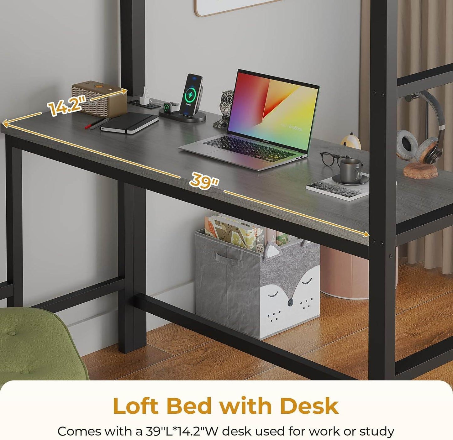 Twin Size LED Loft Bed Frame with Desk and 8 Drawers Grey