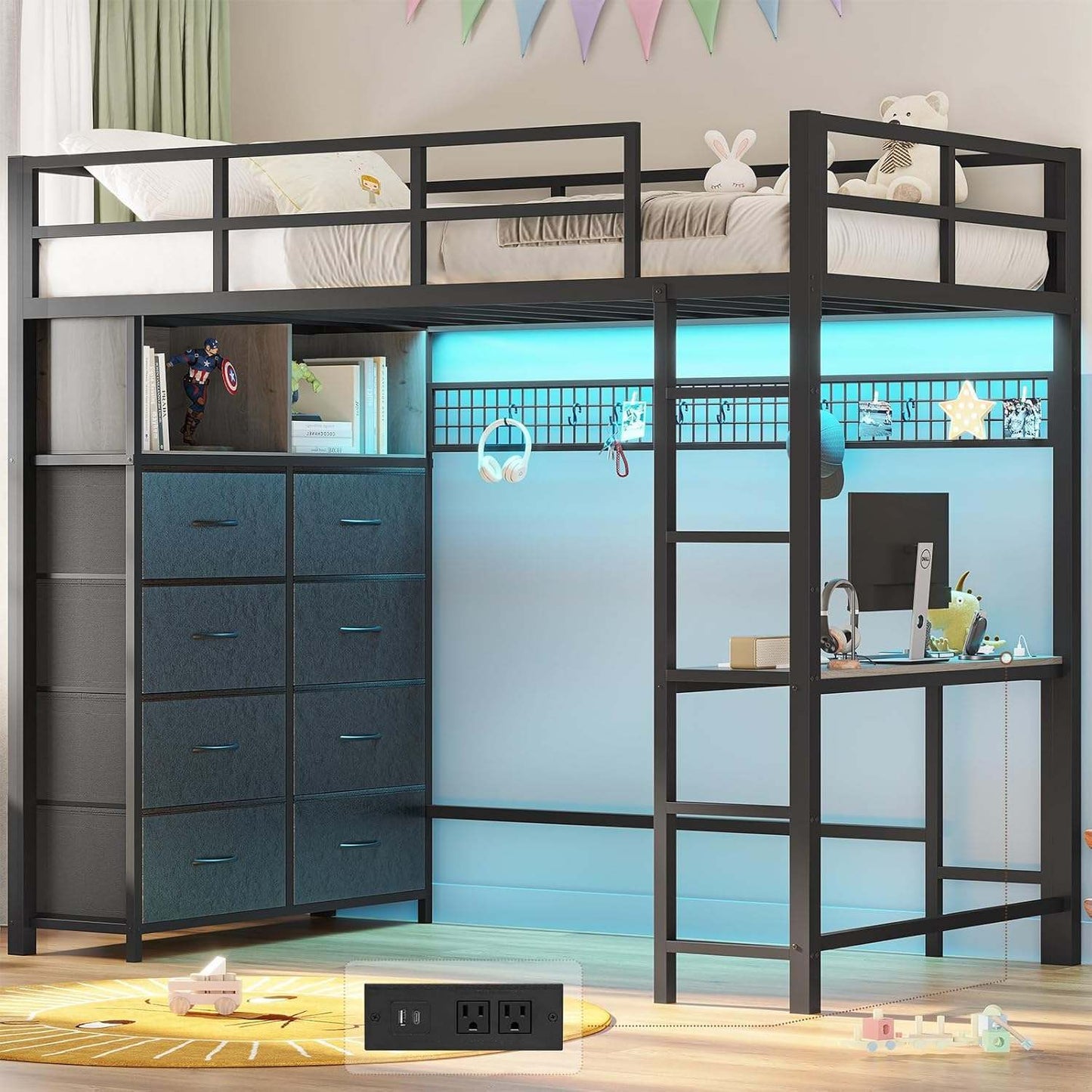 Twin Size LED Loft Bed Frame with Desk and 8 Drawers Grey