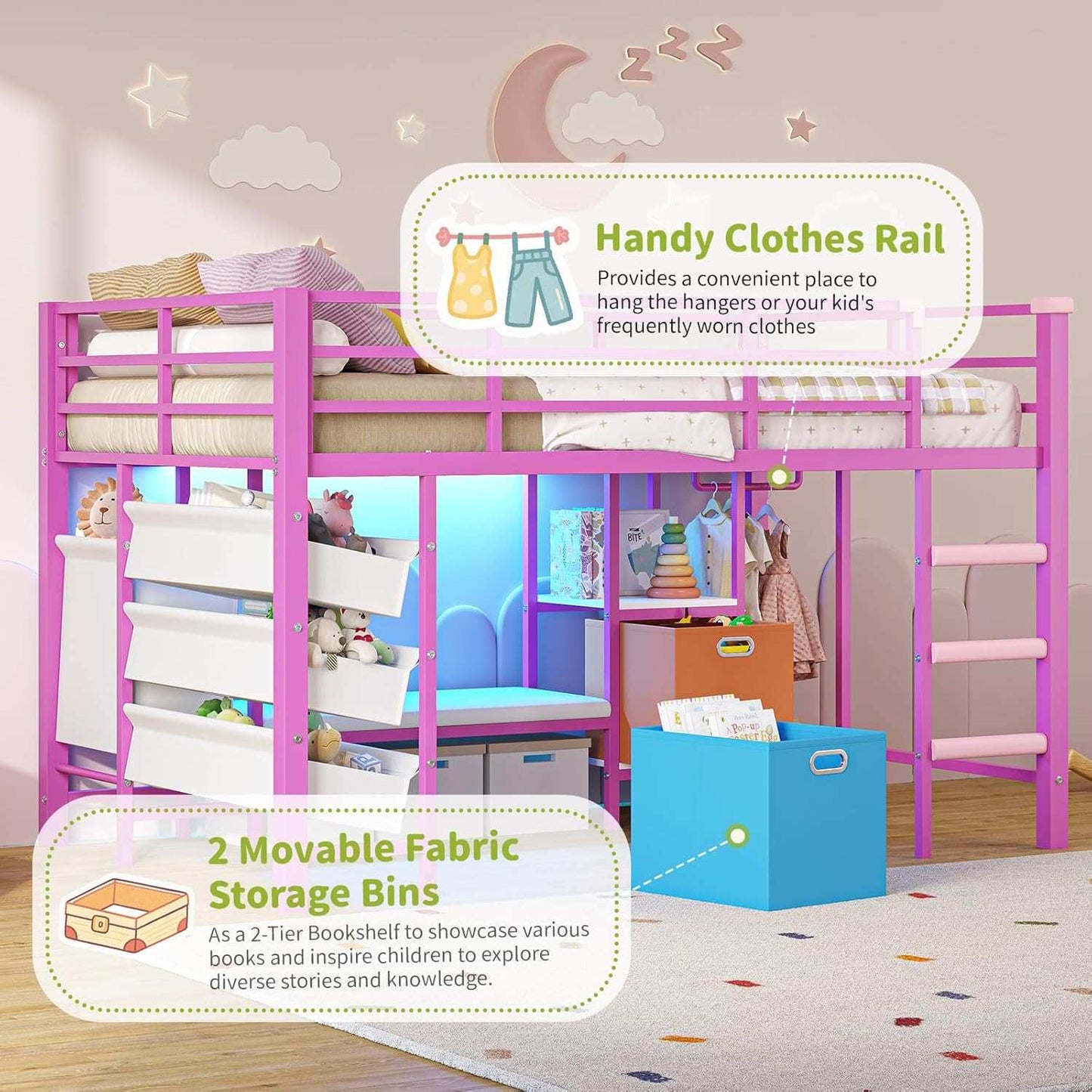 Low Loft Bed Twin Size with Reading Corner and Storage Basket Pink