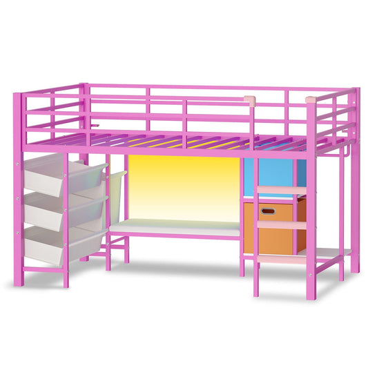 Low Loft Bed Twin Size with Reading Corner and Storage Basket Pink