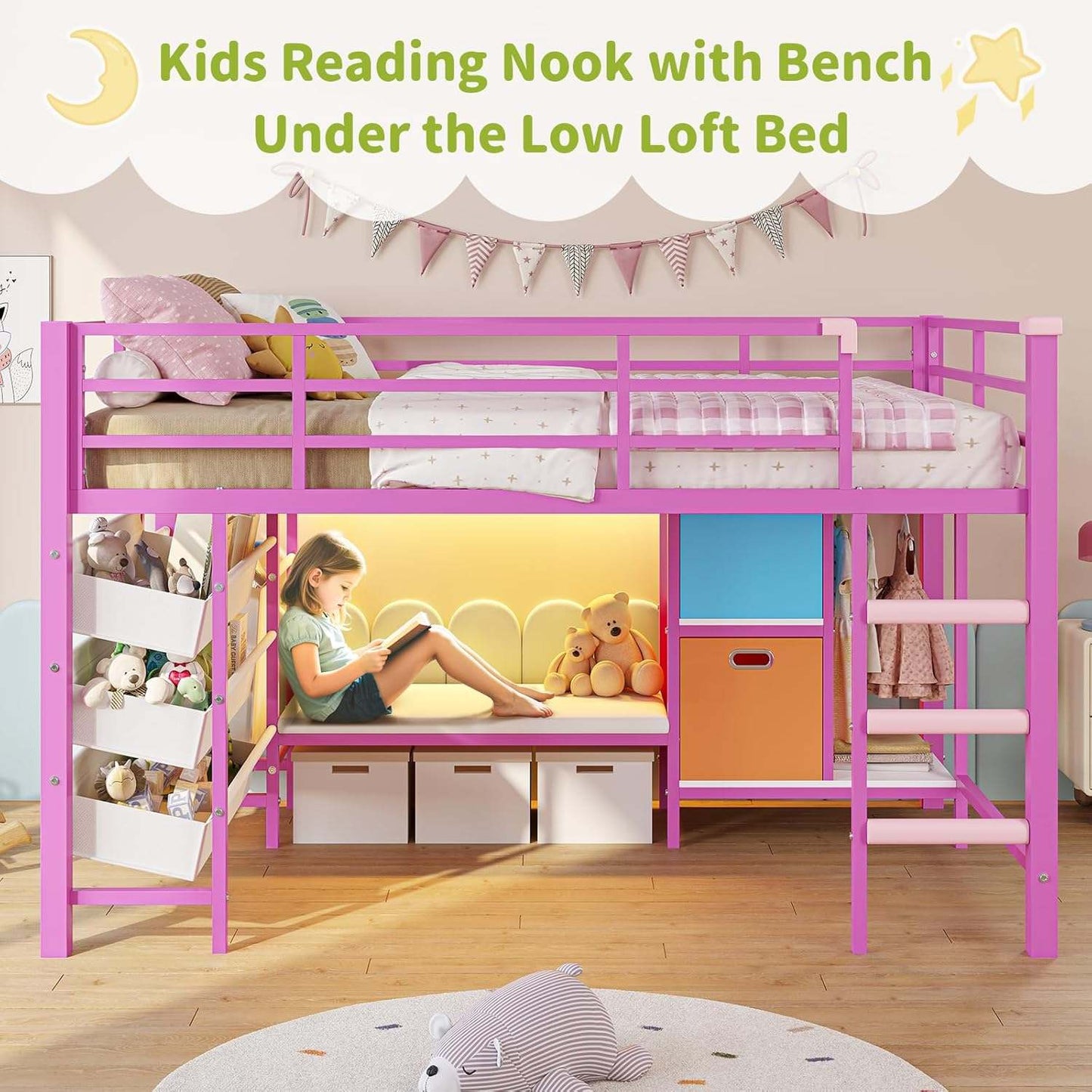Low Loft Bed Twin Size with Reading Corner and Storage Basket Pink