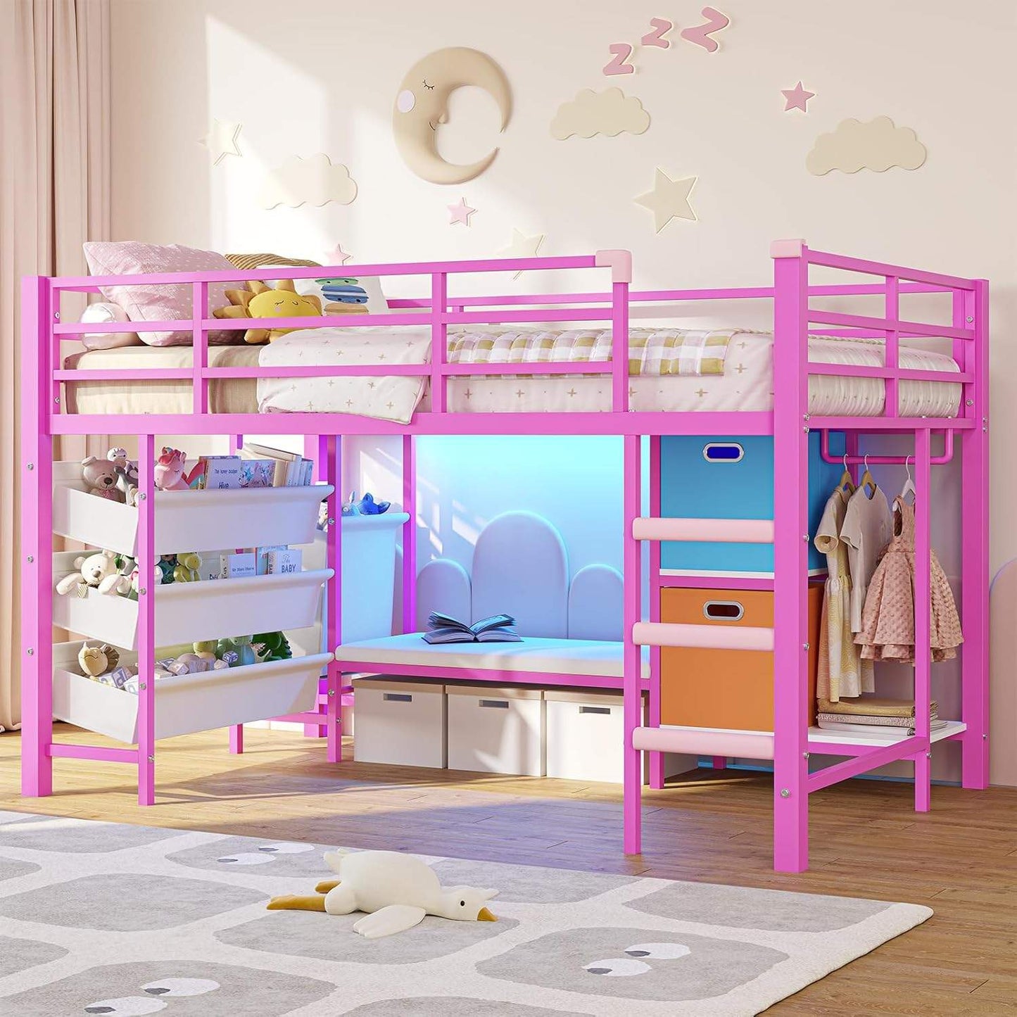 Low Loft Bed Twin Size with Reading Corner and Storage Basket Pink