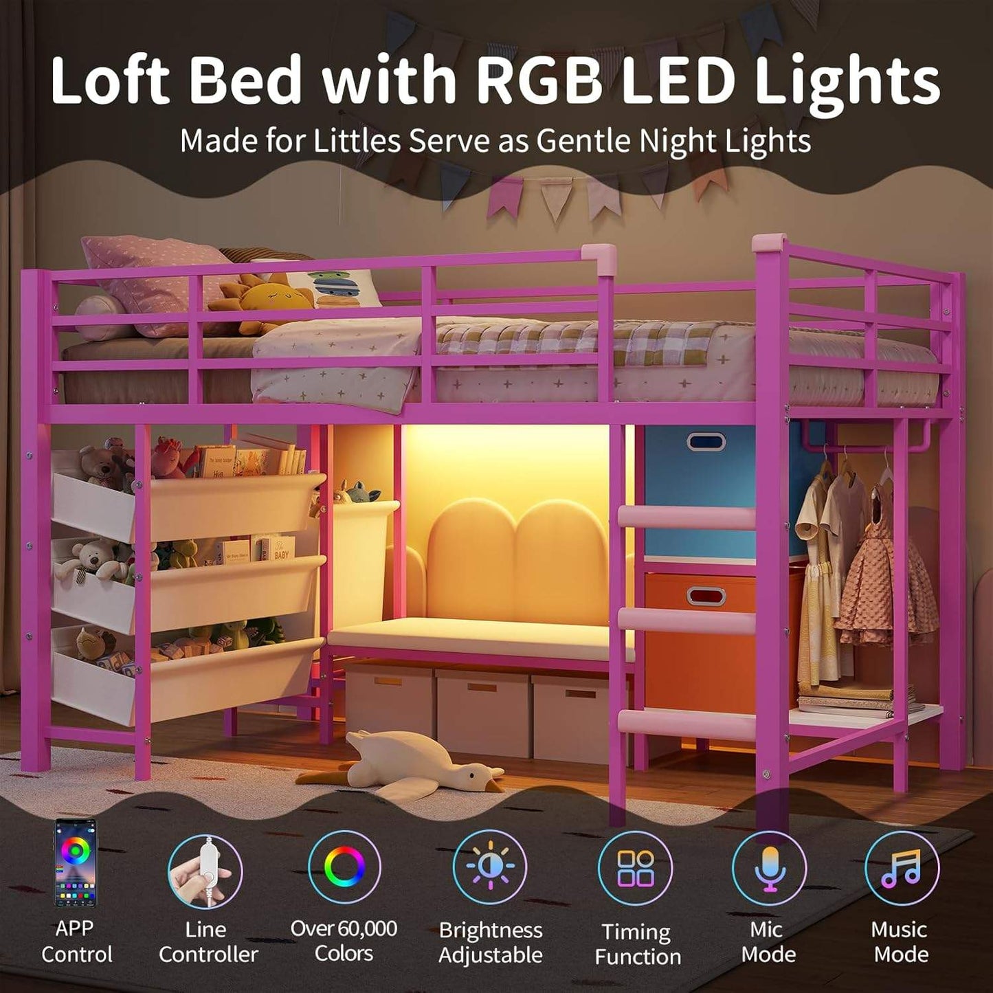Low Loft Bed Twin Size with Reading Corner and Storage Basket Pink