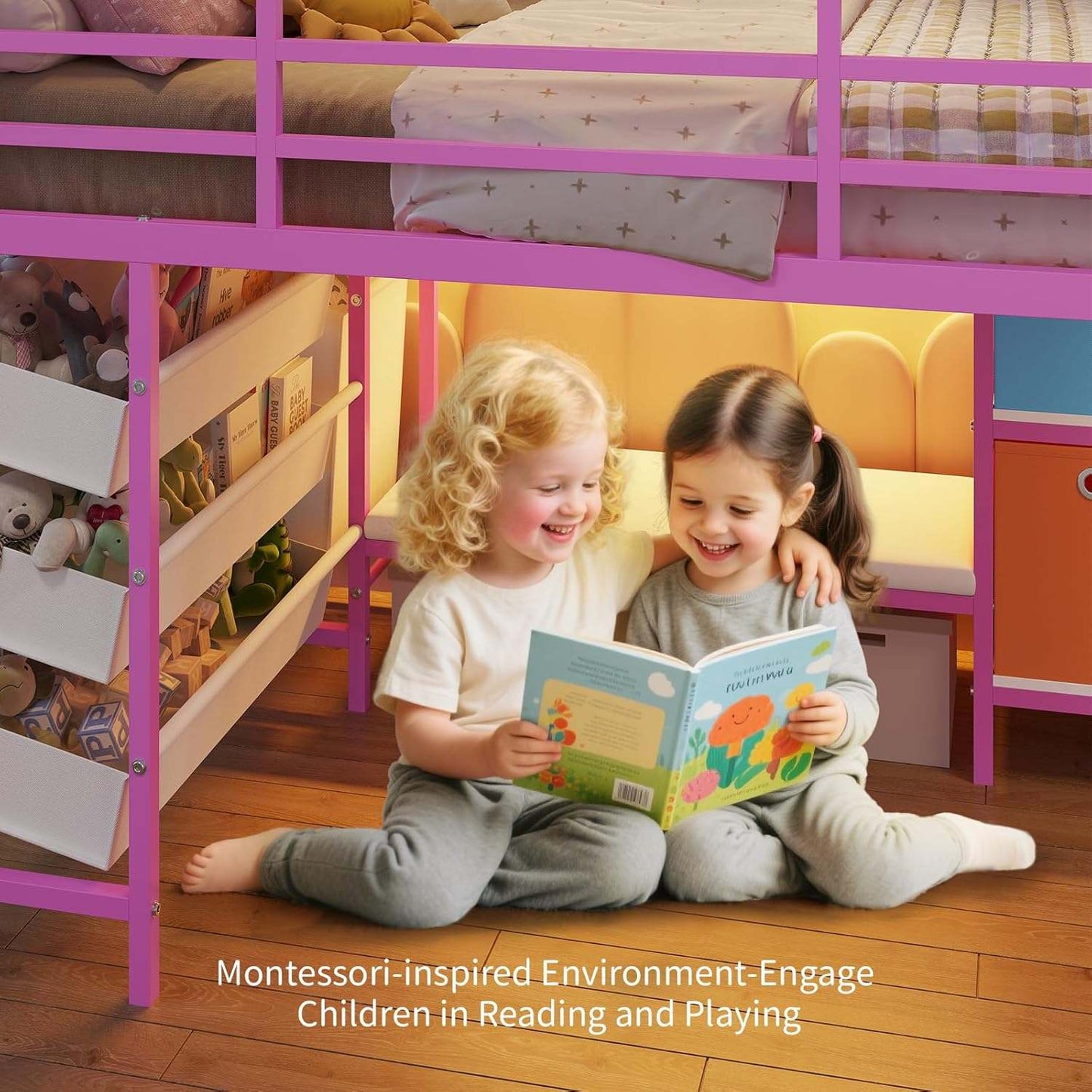 Low Loft Bed Twin Size with Reading Corner and Storage Basket Pink