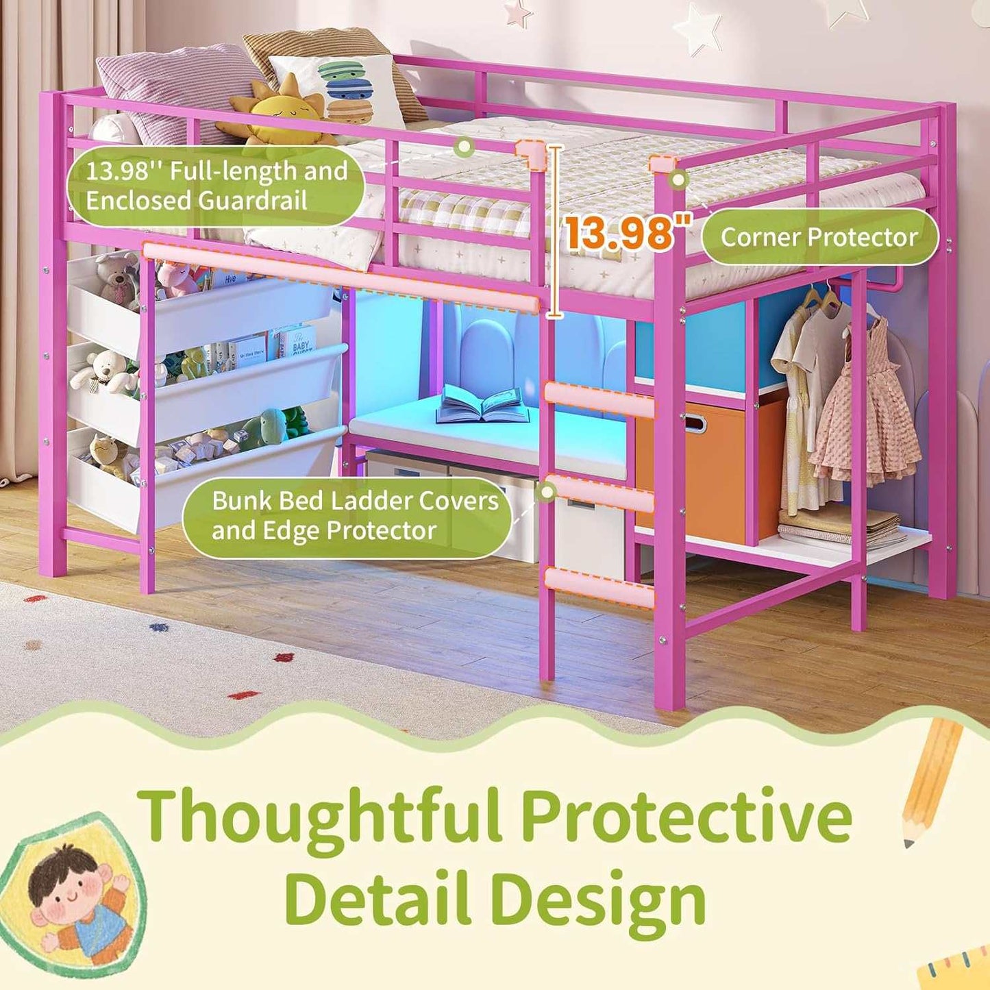 Low Loft Bed Twin Size with Reading Corner and Storage Basket Pink