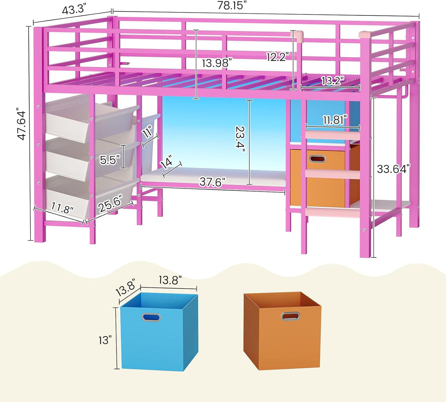 Low Loft Bed Twin Size with Reading Corner and Storage Basket Pink