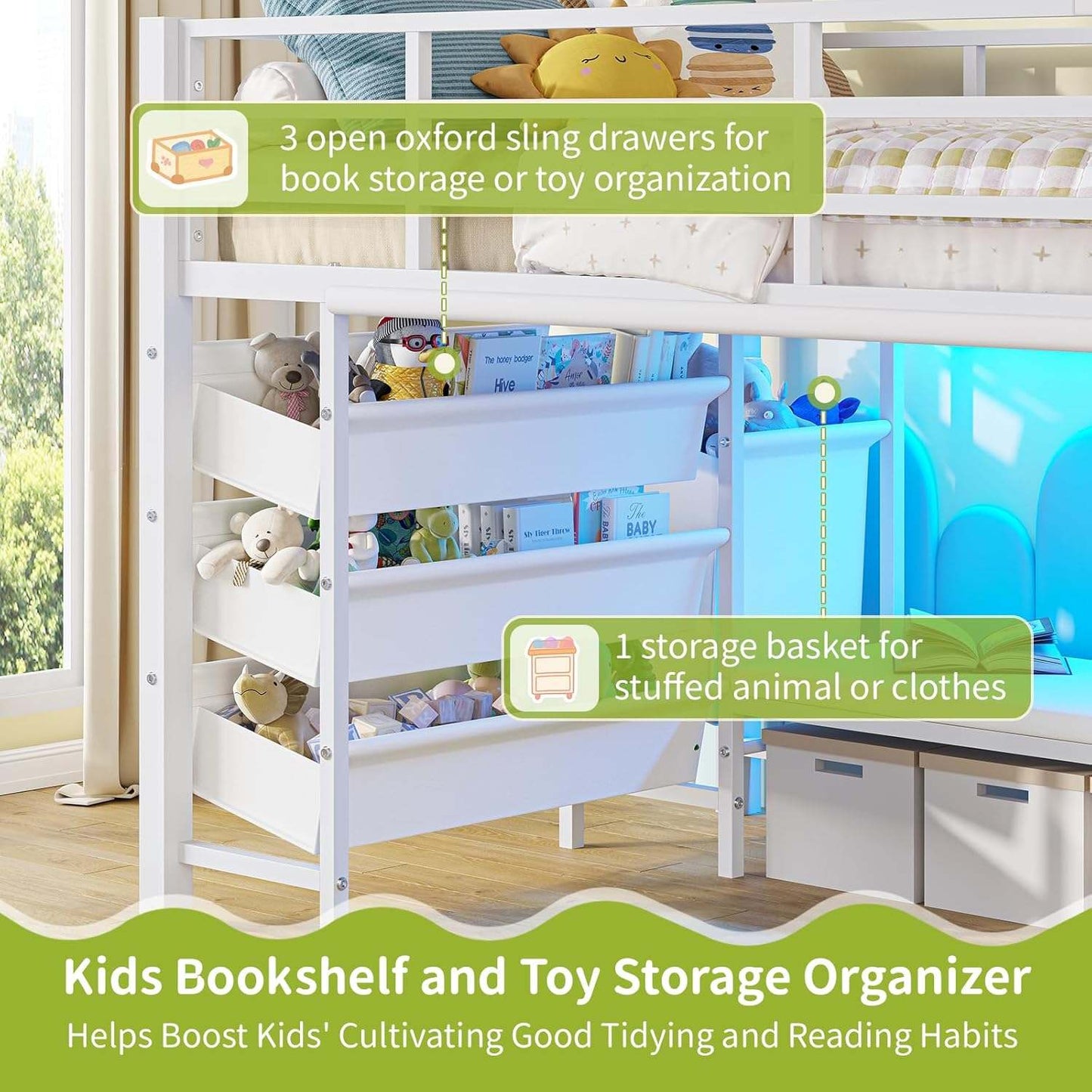 Low Loft Bed Twin Size with Reading Corner and Storage Basket White