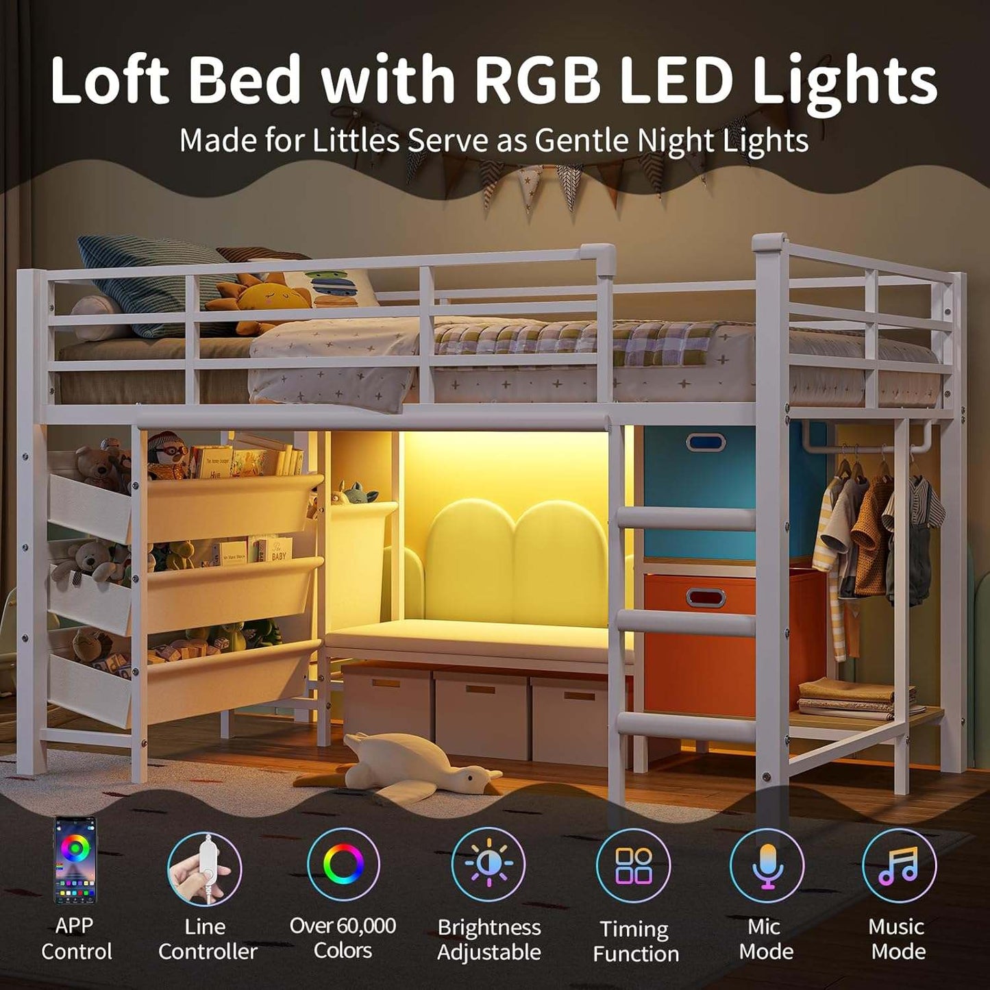 Low Loft Bed Twin Size with Reading Corner and Storage Basket White