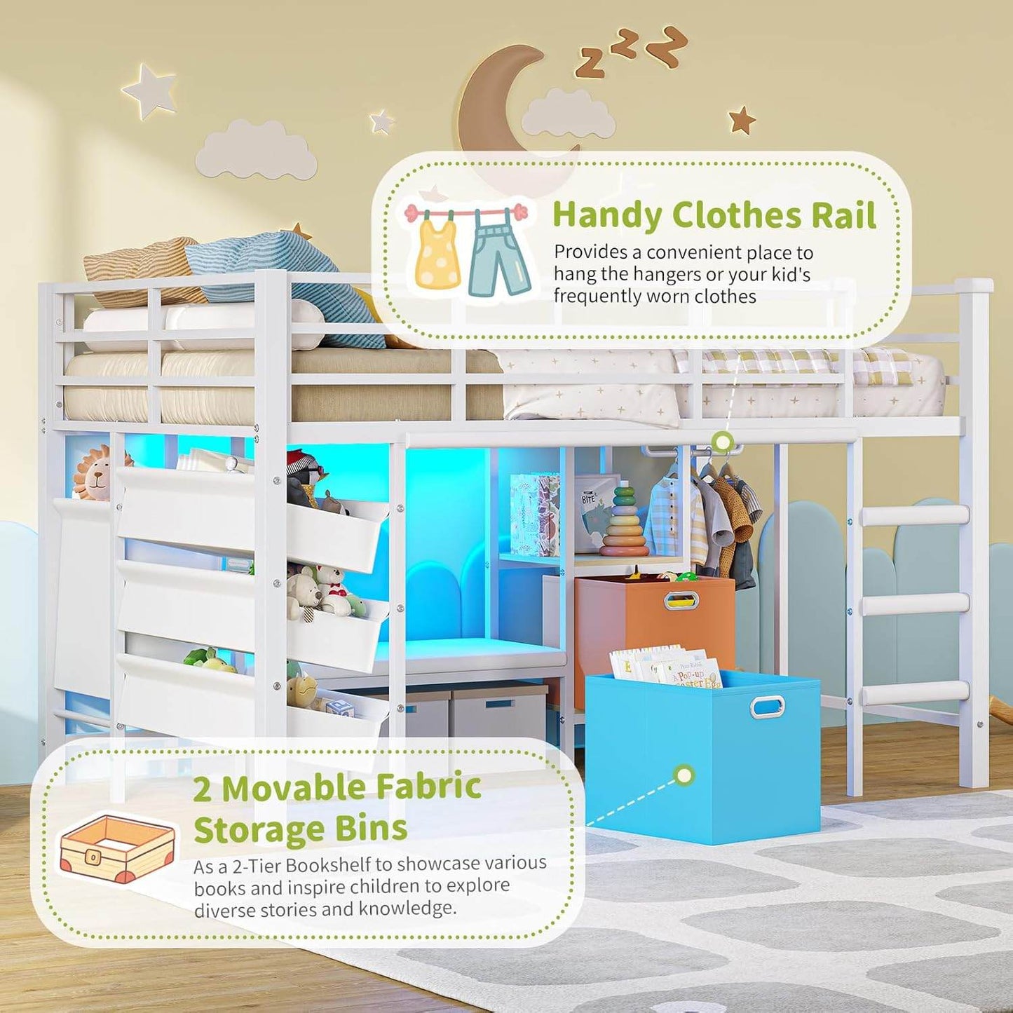 Low Loft Bed Twin Size with Reading Corner and Storage Basket White