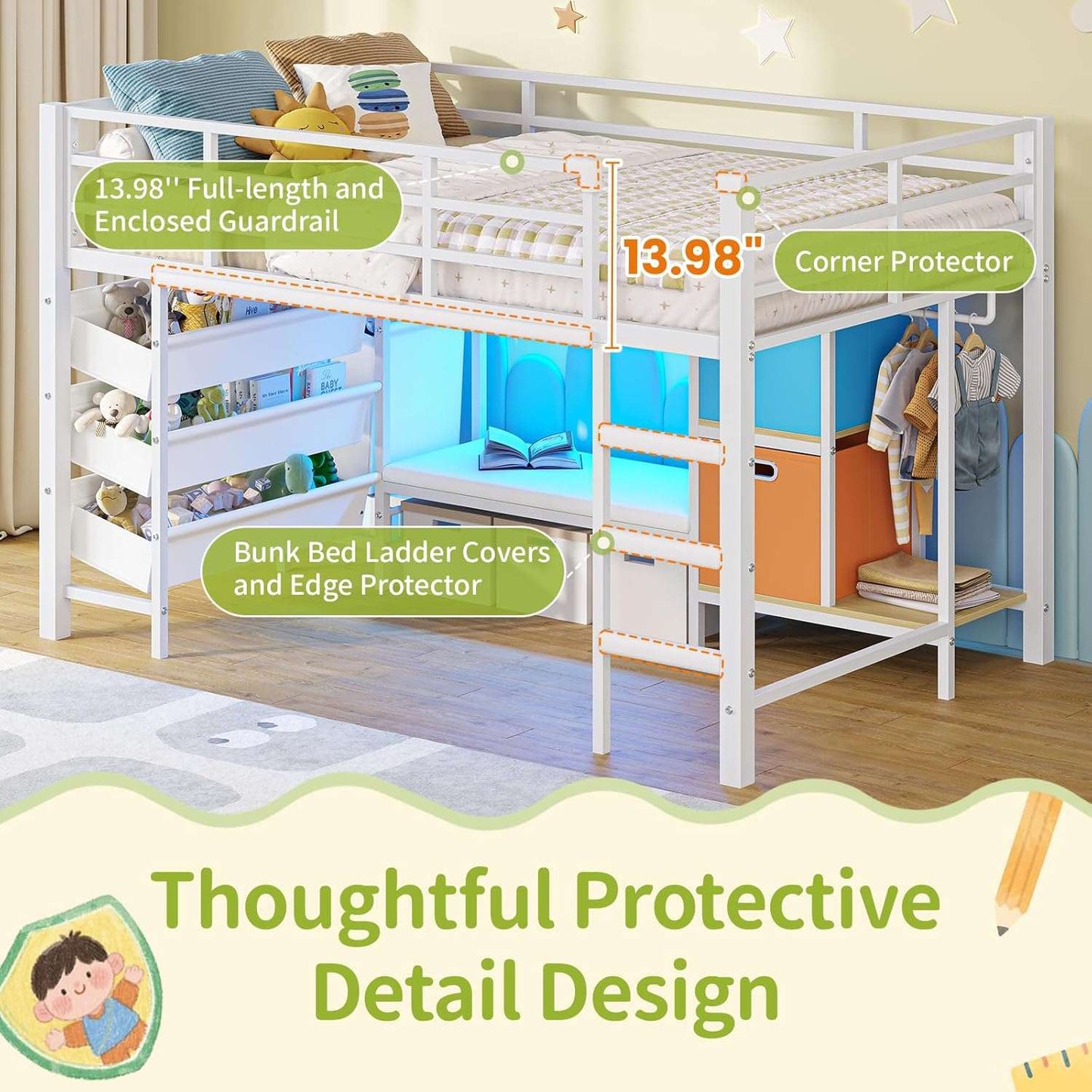 Low Loft Bed Twin Size with Reading Corner and Storage Basket White