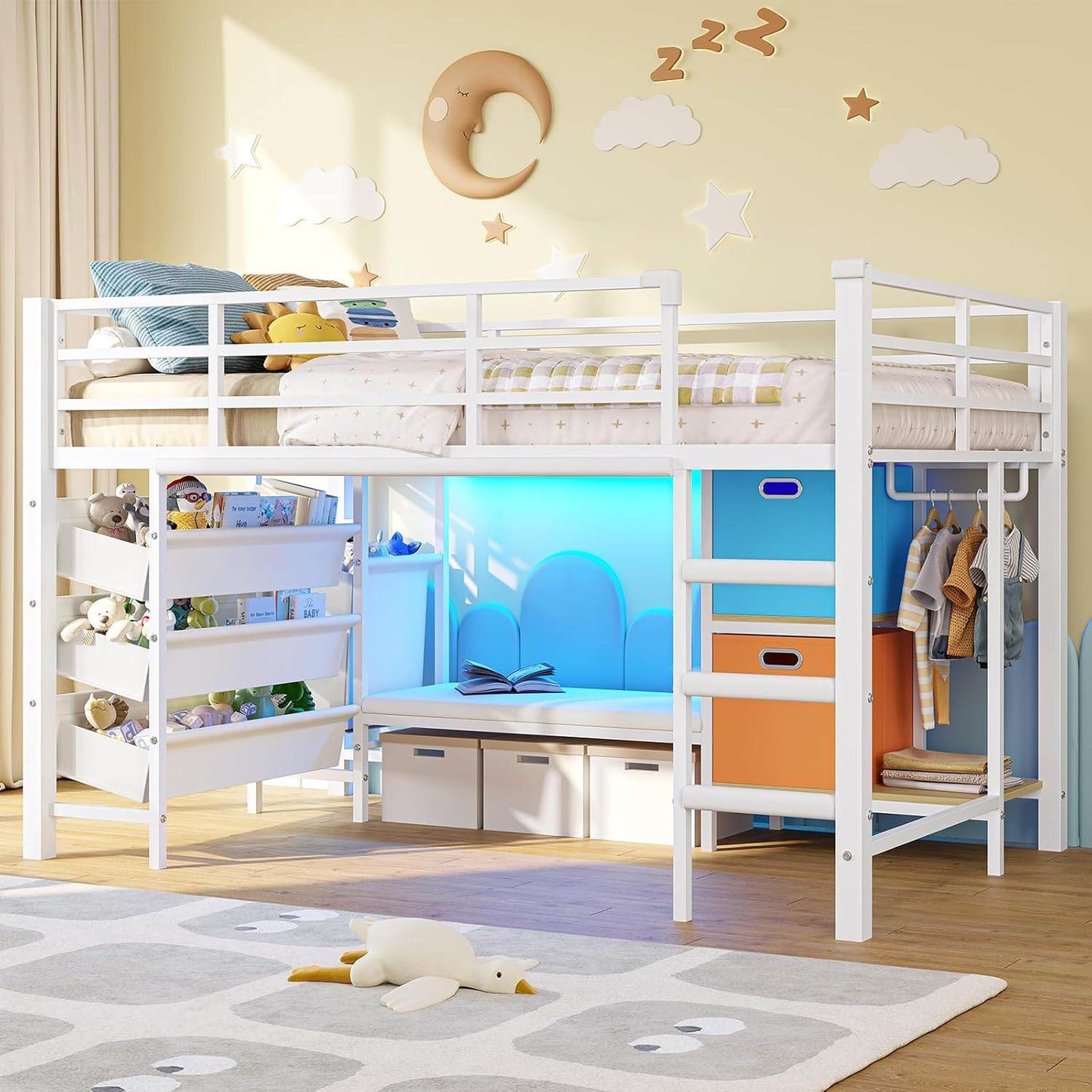 Low Loft Bed Twin Size with Reading Corner and Storage Basket White