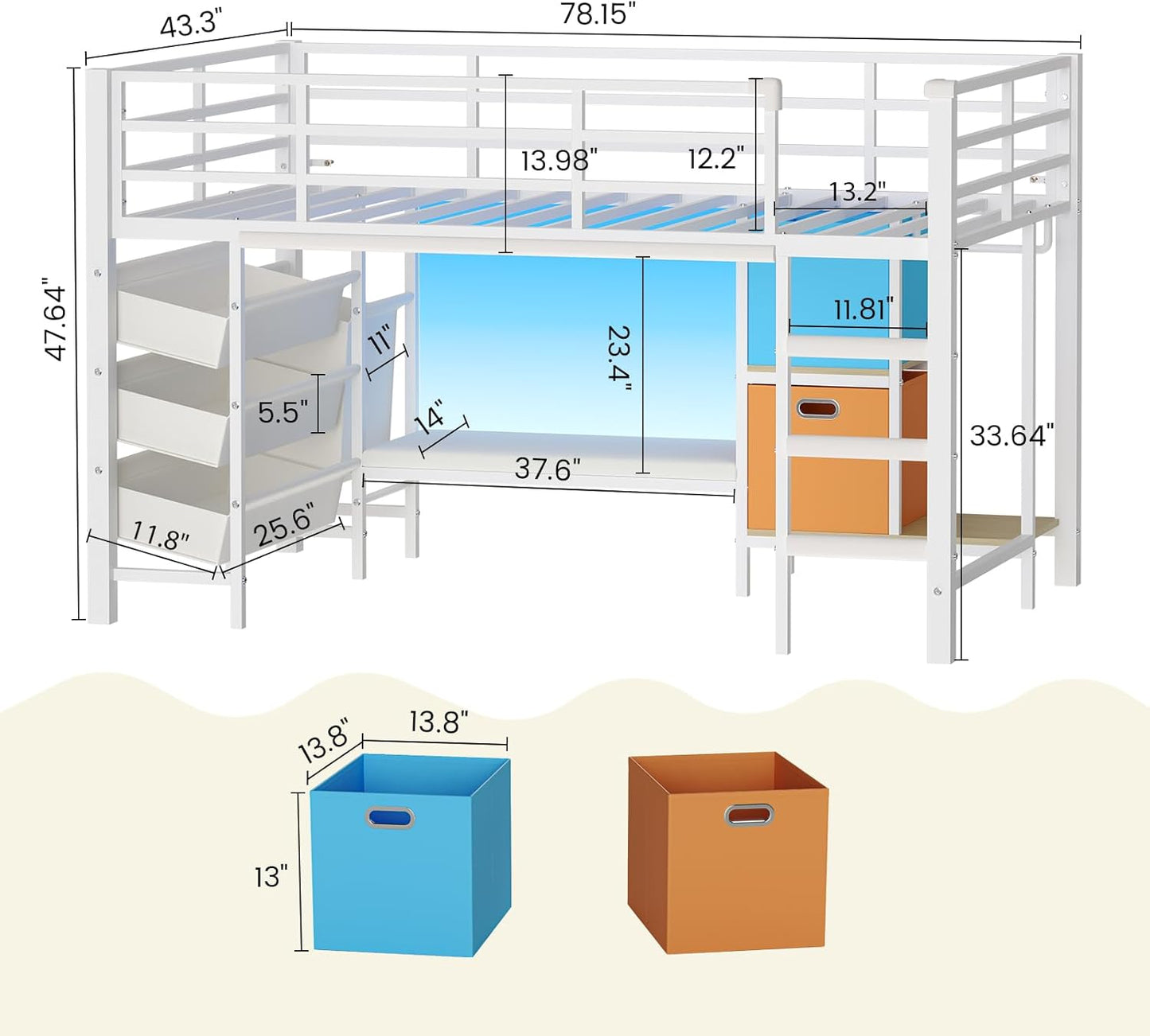 Low Loft Bed Twin Size with Reading Corner and Storage Basket White