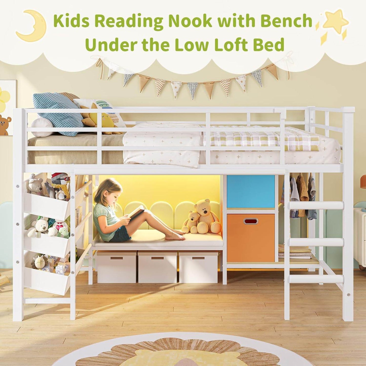 Low Loft Bed Twin Size with Reading Corner and Storage Basket White