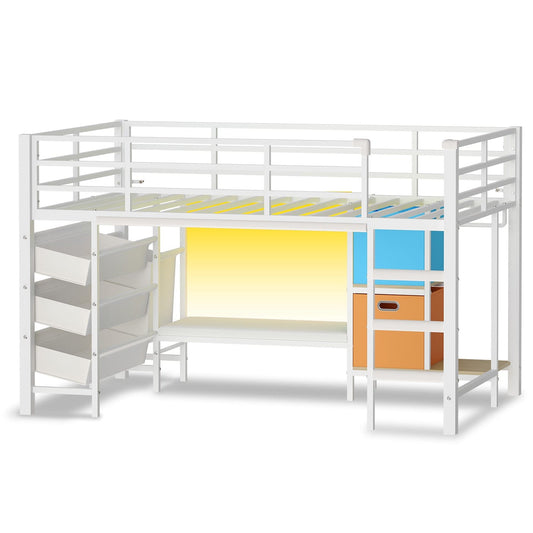 Low Loft Bed Twin Size with Reading Corner and Storage Basket White