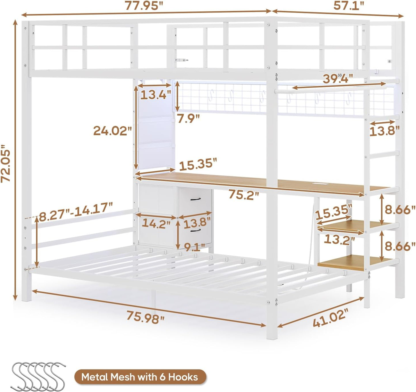 Full Size Over Twin Bunk Loft Bed Frame with Desk and Charging Station White