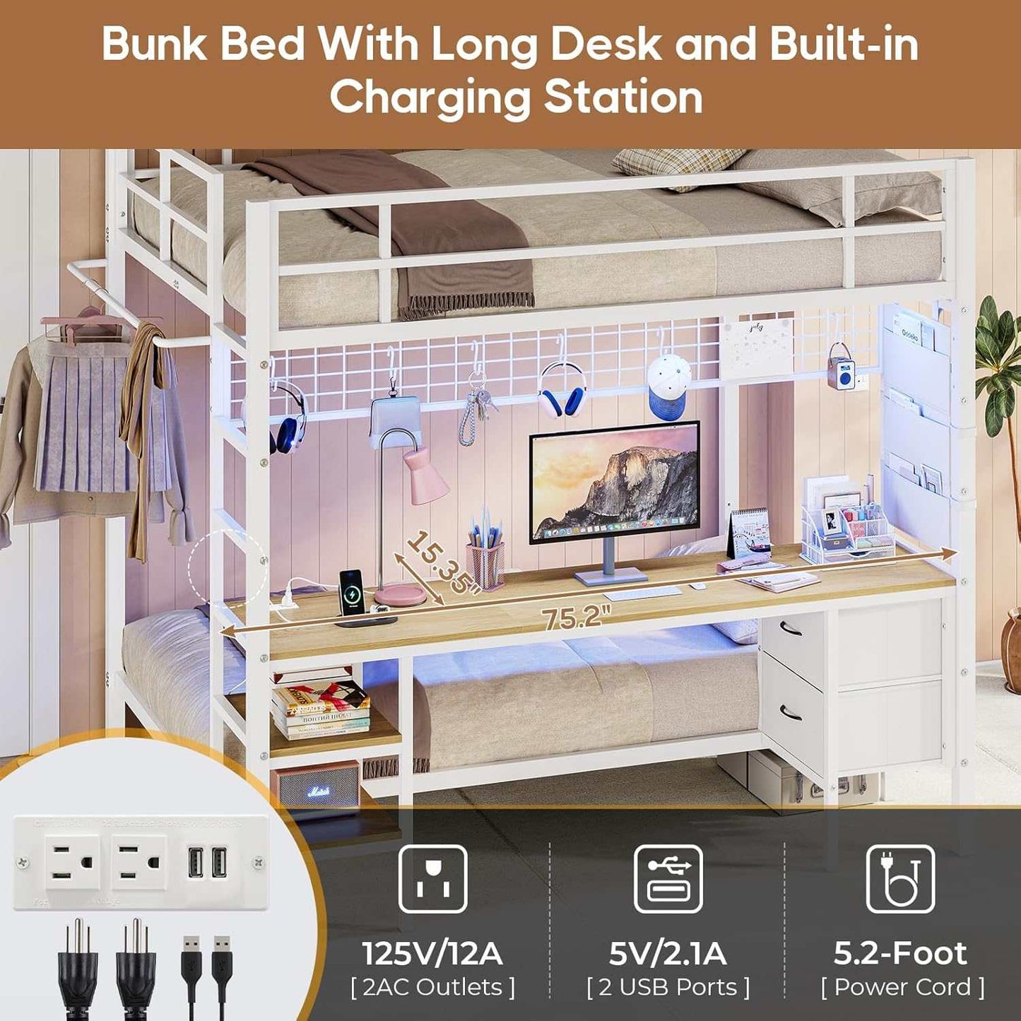Full Size Over Twin Bunk Loft Bed Frame with Desk and Charging Station White