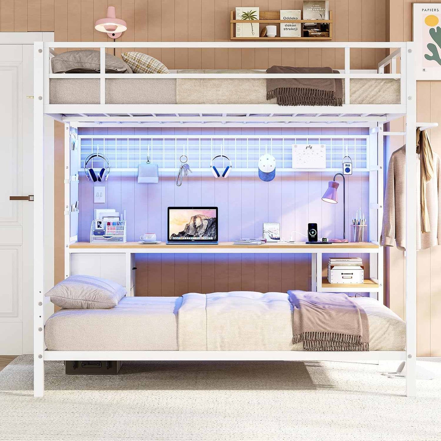 Full Size Over Twin Bunk Loft Bed Frame with Desk and Charging Station White