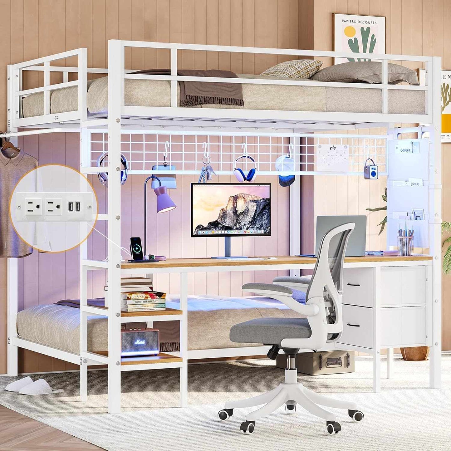 Full Size Over Twin Bunk Loft Bed Frame with Desk and Charging Station White