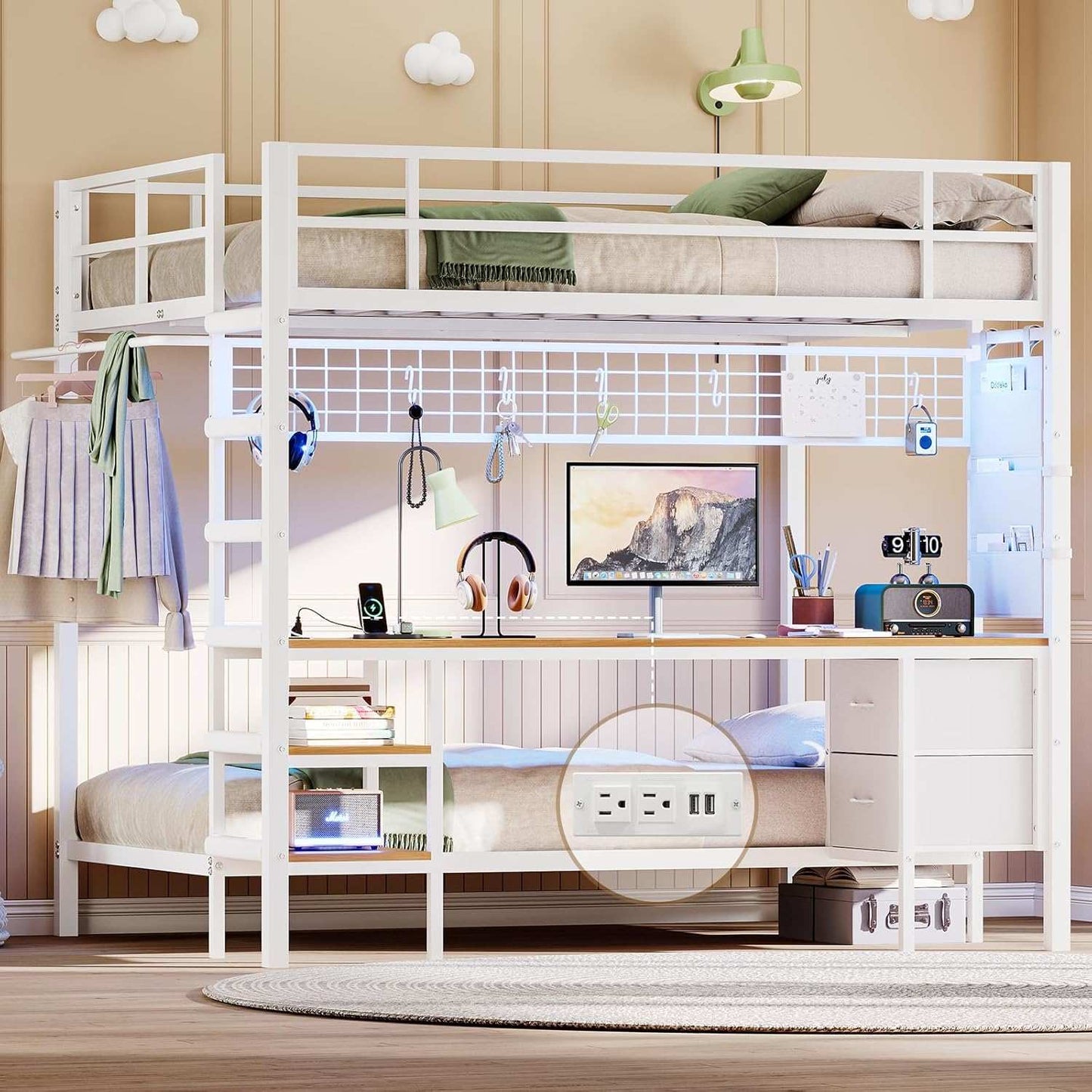 Full Size Over Twin Bunk Loft Bed Frame with Desk and Charging Station White