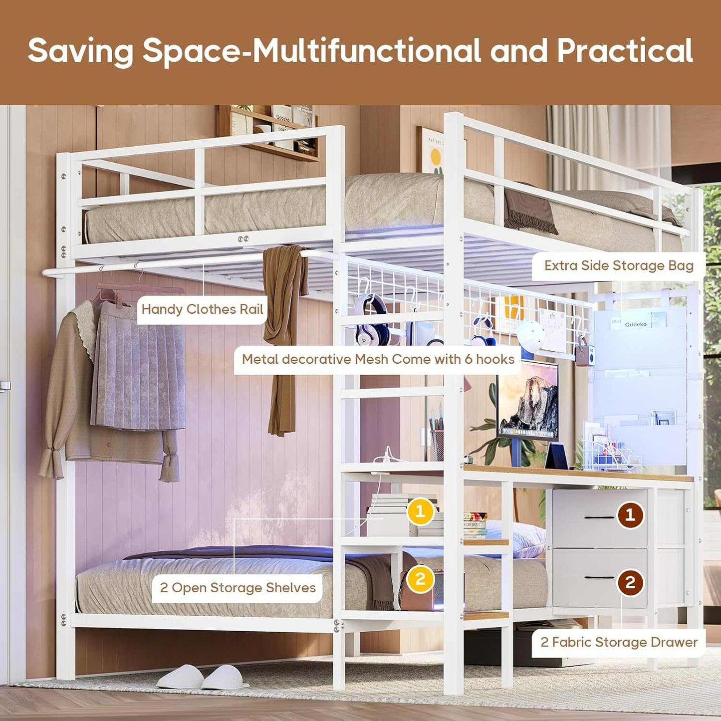 Full Size Over Twin Bunk Loft Bed Frame with Desk and Charging Station White