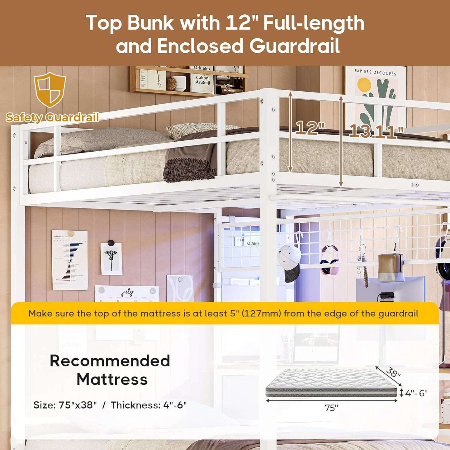 Full Size Over Twin Bunk Loft Bed Frame with Desk and Charging Station White