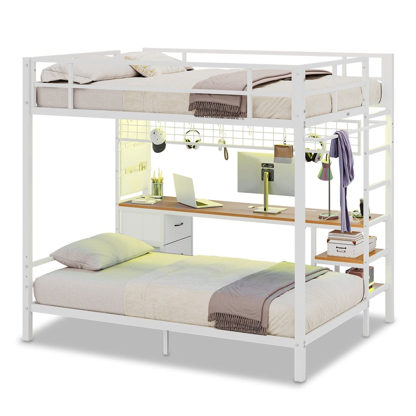 Full Size Over Twin Bunk Loft Bed Frame with Desk and Charging Station White