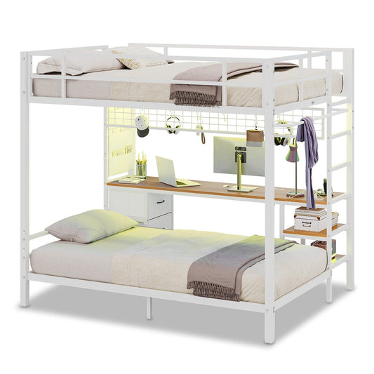 Full Size Over Twin Bunk Loft Bed Frame with Desk and Charging Station White