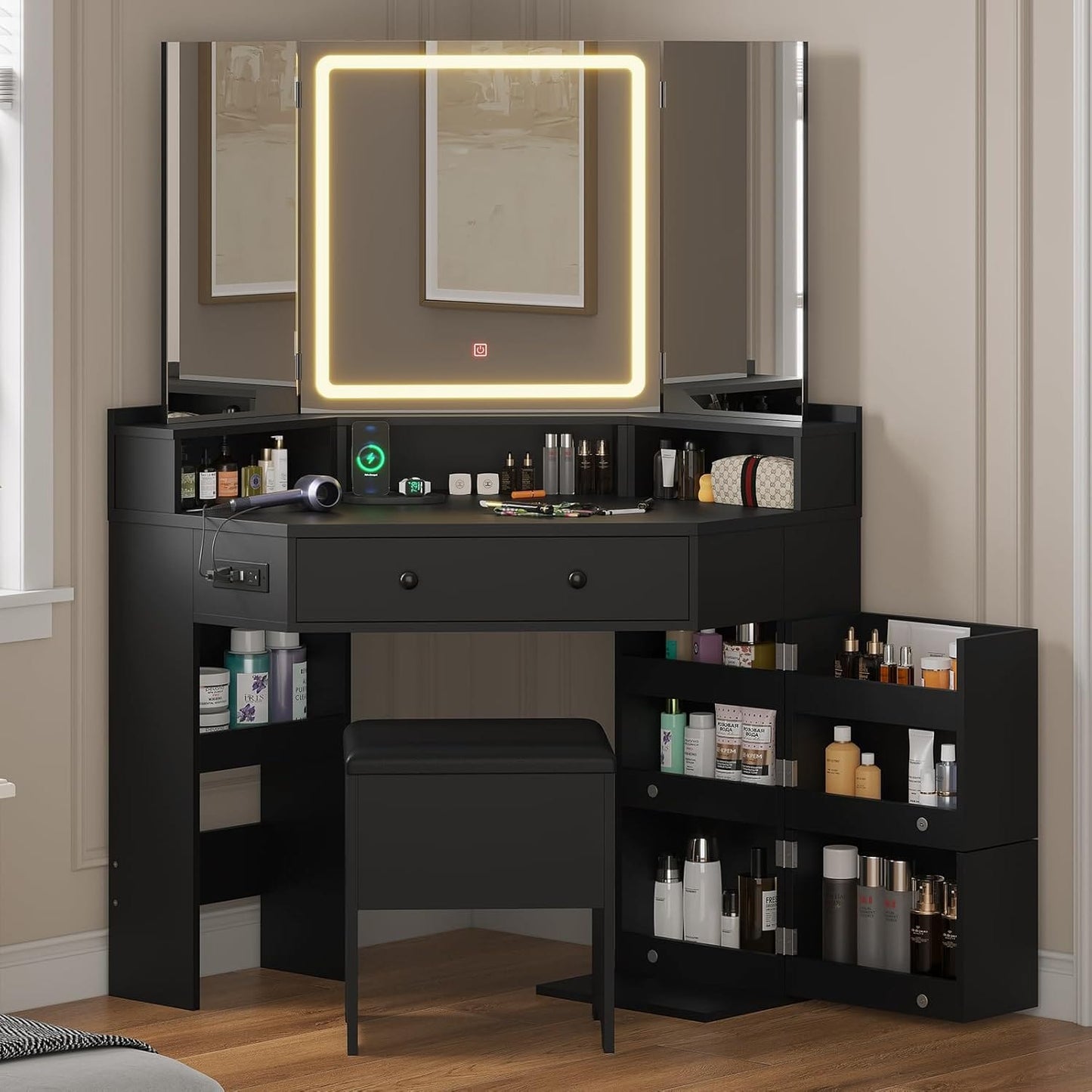 Corner Makeup Vanity with Tri-Fold Mirror and Cushioned Storage Stool Black
