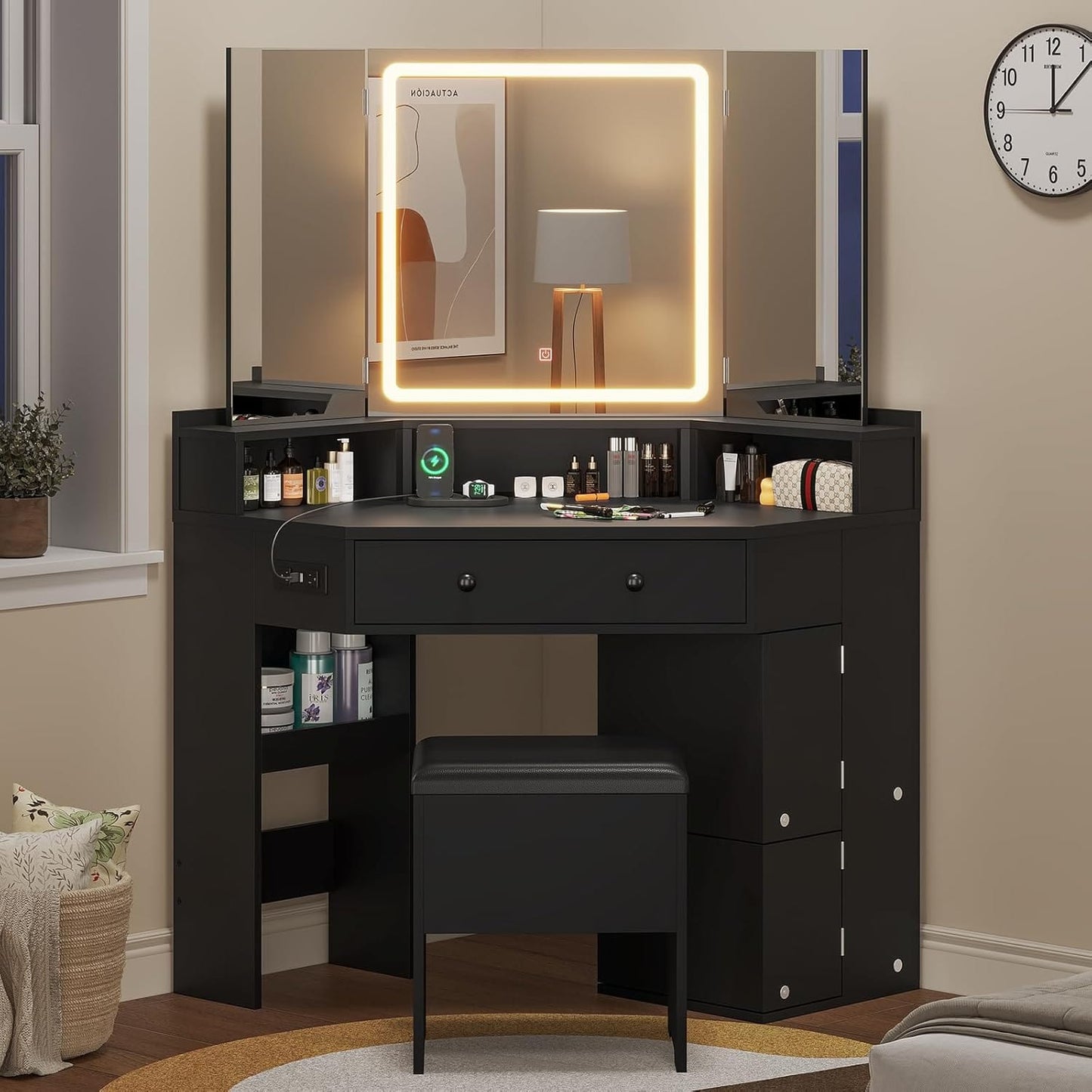 Corner Makeup Vanity with Tri-Fold Mirror and Cushioned Storage Stool Black