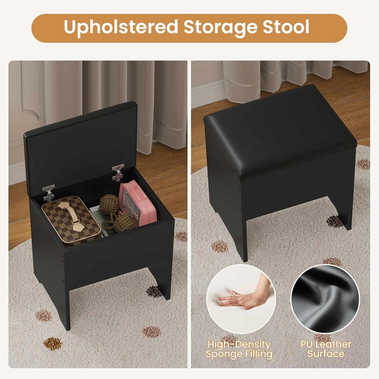 Corner Makeup Vanity with Tri-Fold Mirror and Cushioned Storage Stool Black