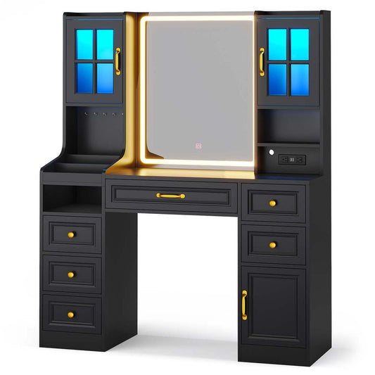LED Makeup Vanity with Mirror Charging Station Black