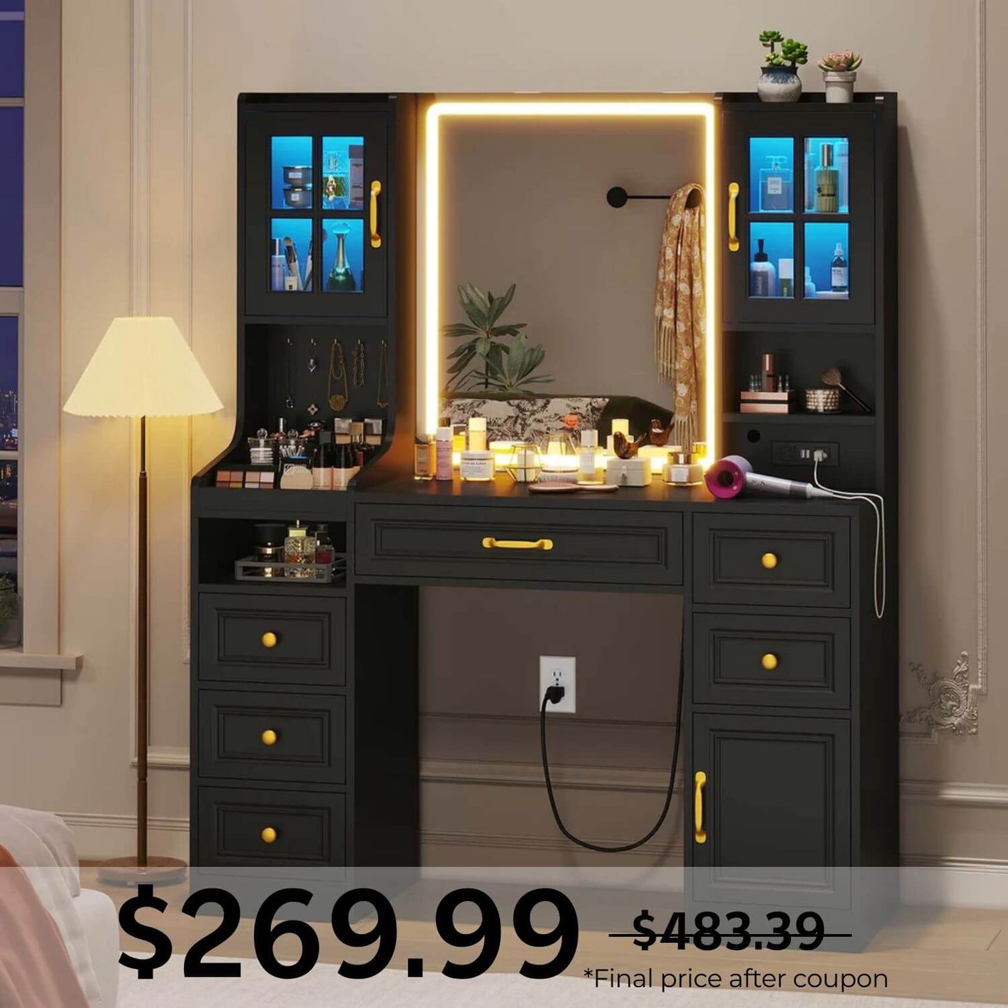 LED Makeup Vanity with Mirror Charging Station Black