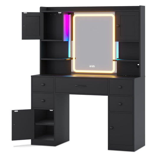 LED Makeup Vanity with Mirror and Outlet Black