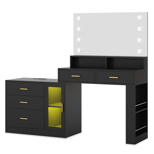 LED Makeup Vanity with Mirror Charging Station Black