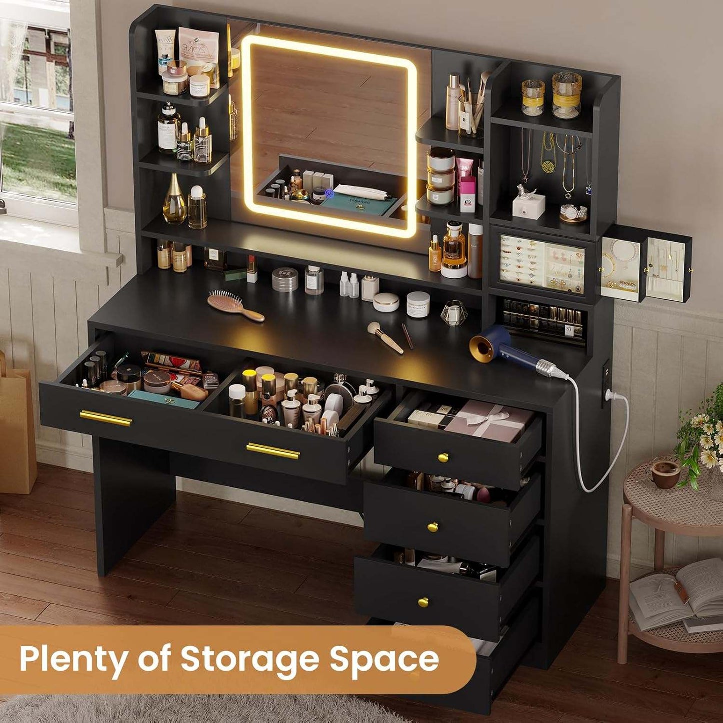 LED Makeup Vanity with Touch Screen Mirror Black