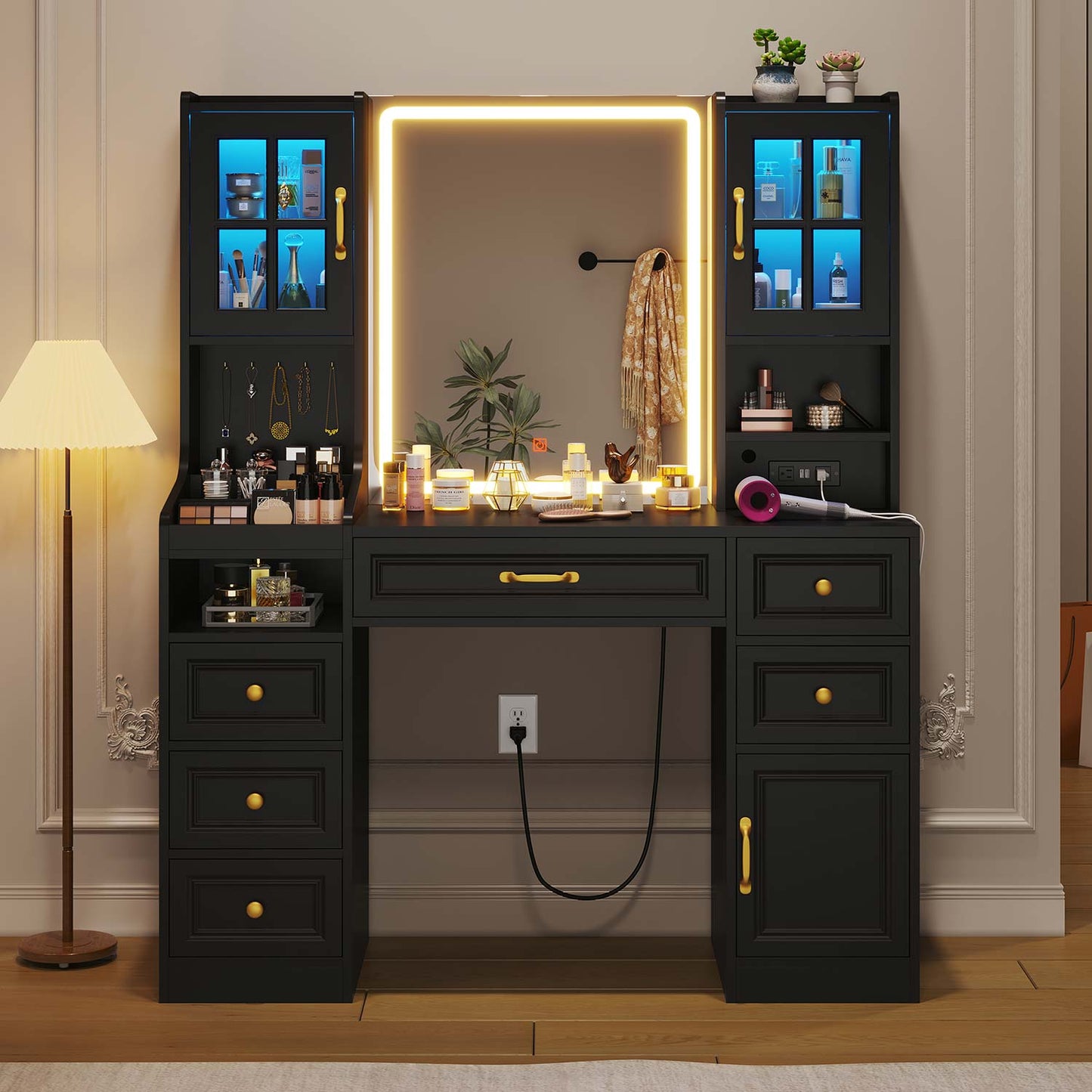 LED Makeup Vanity with Mirror Charging Station Black