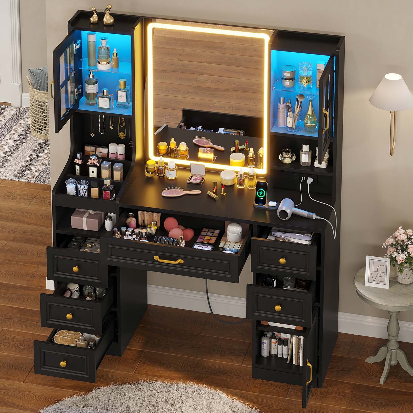 LED Makeup Vanity with Mirror Charging Station Black