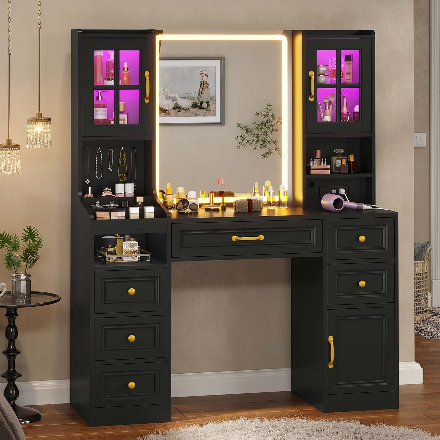 LED Makeup Vanity with Mirror Charging Station Black