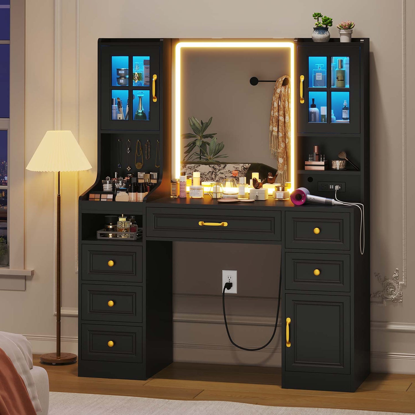 LED Makeup Vanity with Mirror Charging Station Black