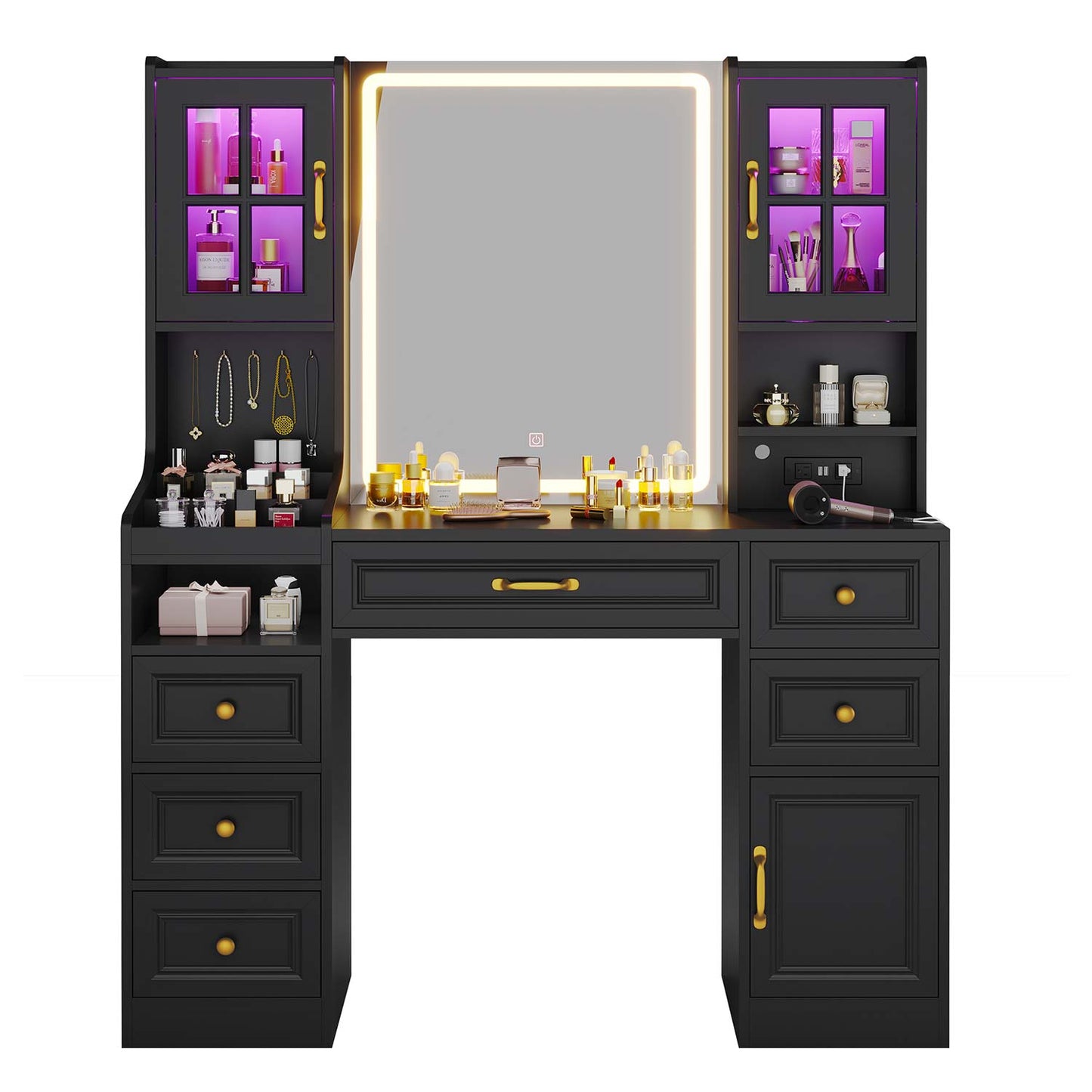 LED Makeup Vanity with Mirror Charging Station Black