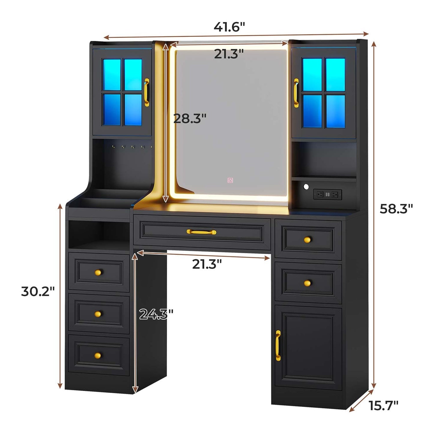 LED Makeup Vanity with Mirror Charging Station Black