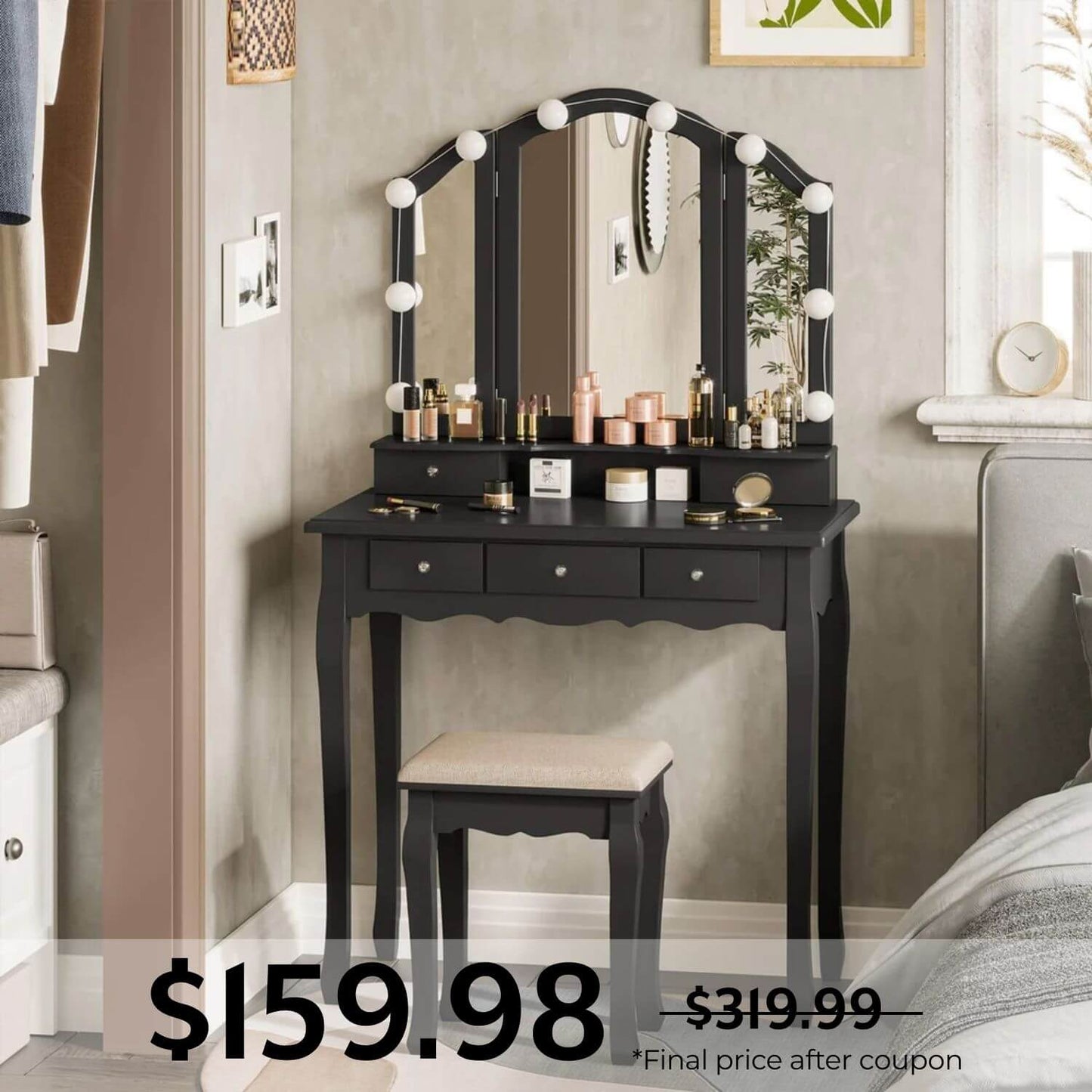 Makeup Vanity Set with LED Mirror Cushioned Stool Black