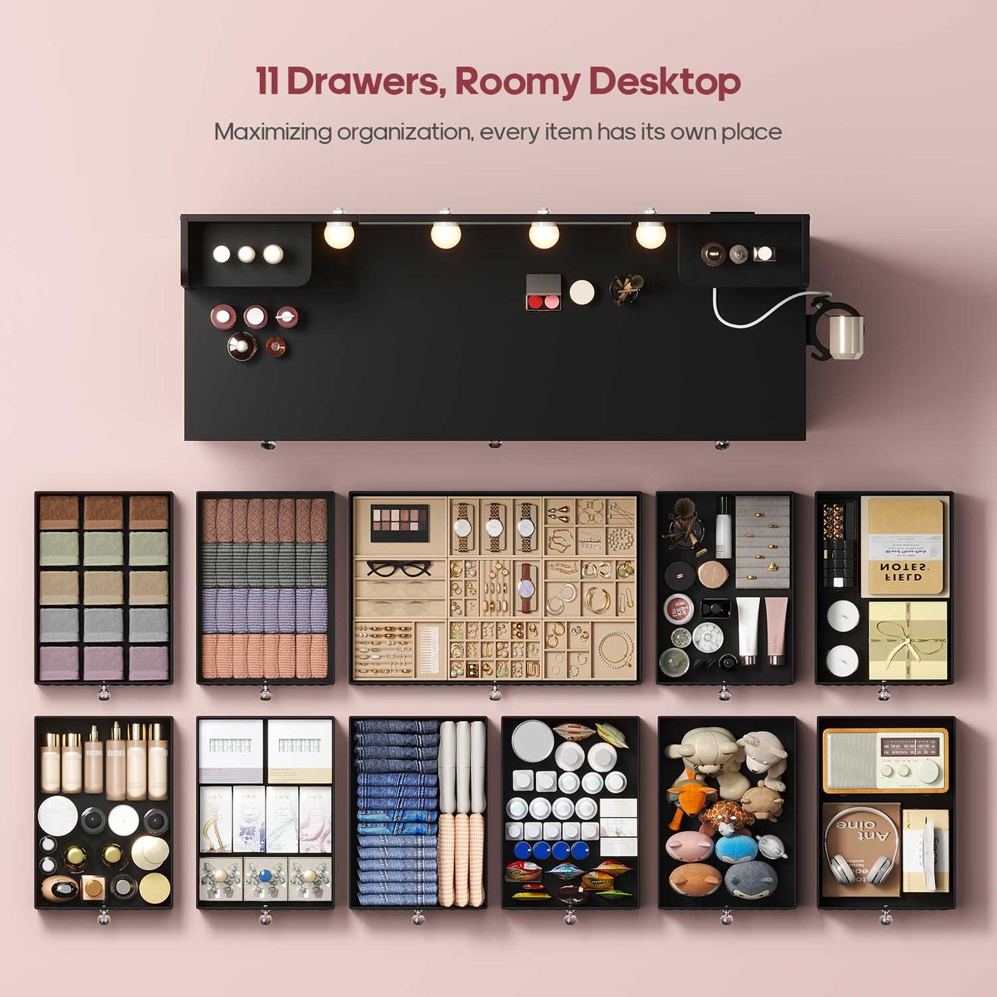 Makeup Vanity with 11 Drawers and 6 Open Shelves Black