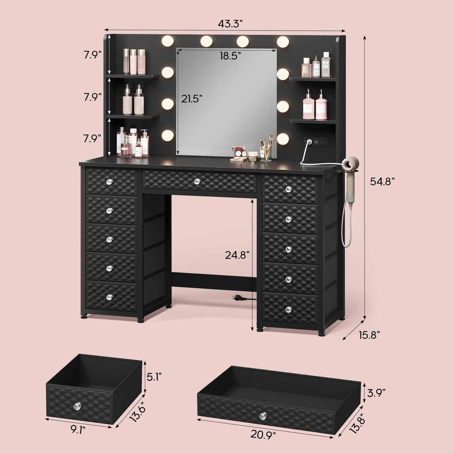 Makeup Vanity with 11 Drawers and 6 Open Shelves Black