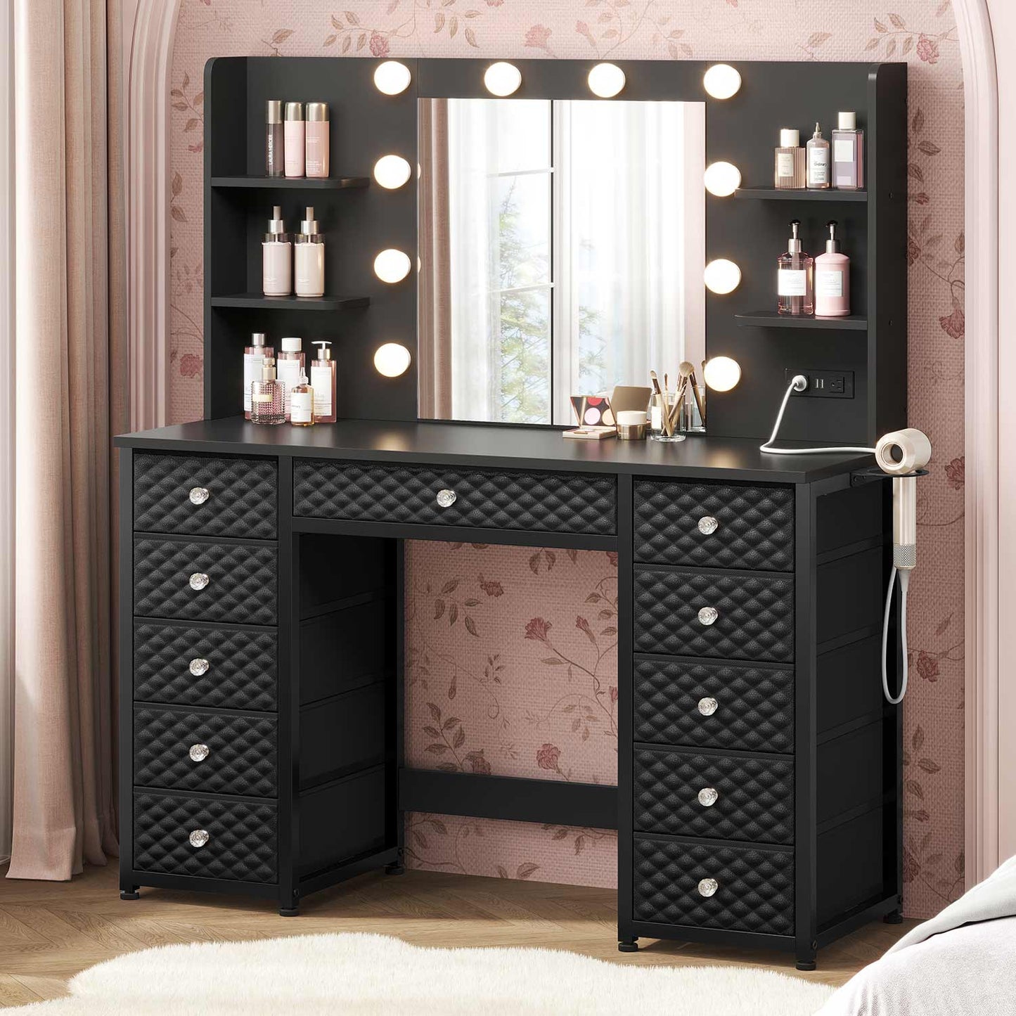 Makeup Vanity with 11 Drawers and 6 Open Shelves Black