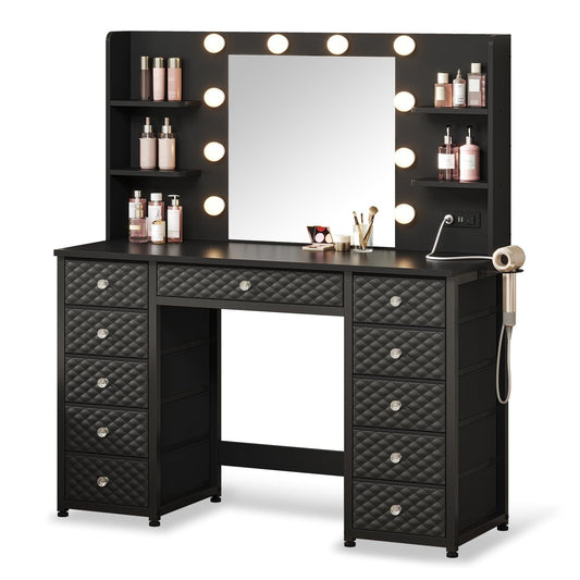 Makeup Vanity with 11 Drawers and 6 Open Shelves Black