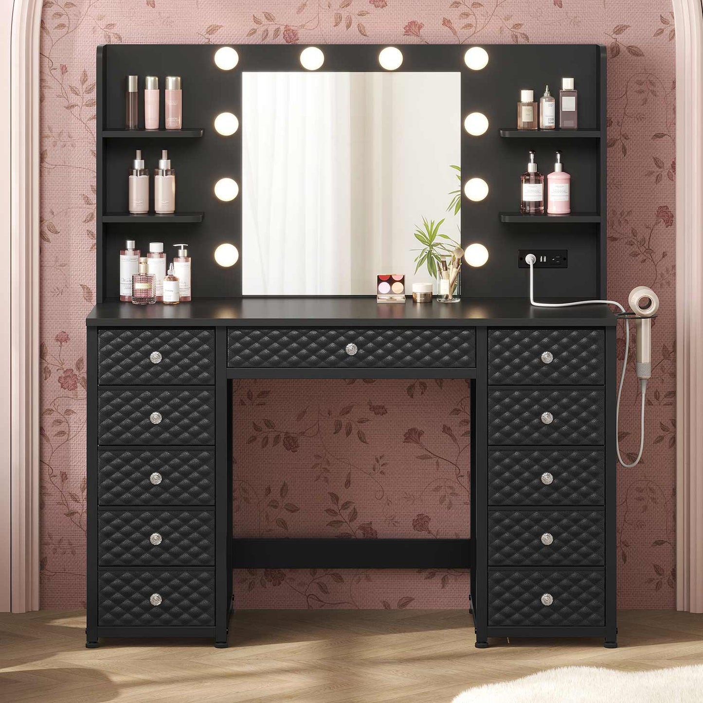 Makeup Vanity with 11 Drawers and 6 Open Shelves Black