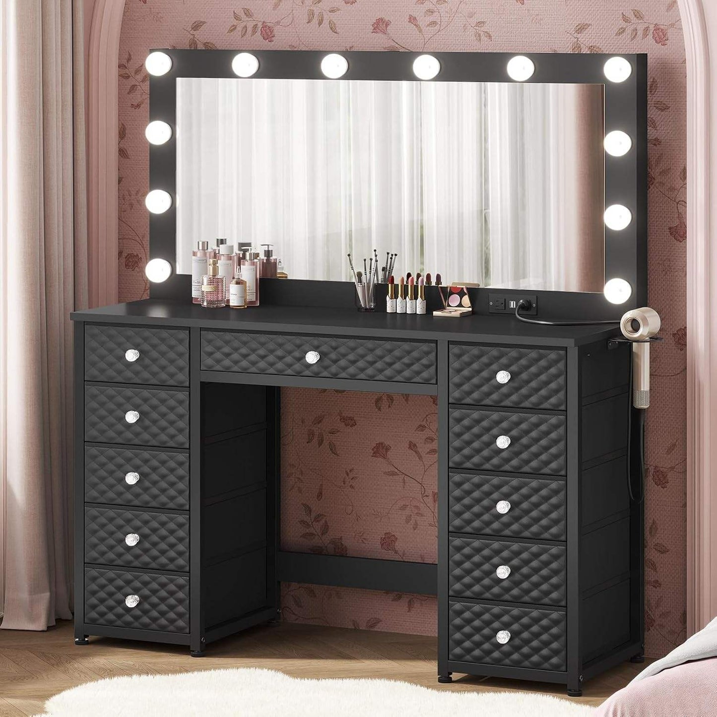 Makeup Vanity with 11 Drawers and Extra Large Mirror Black